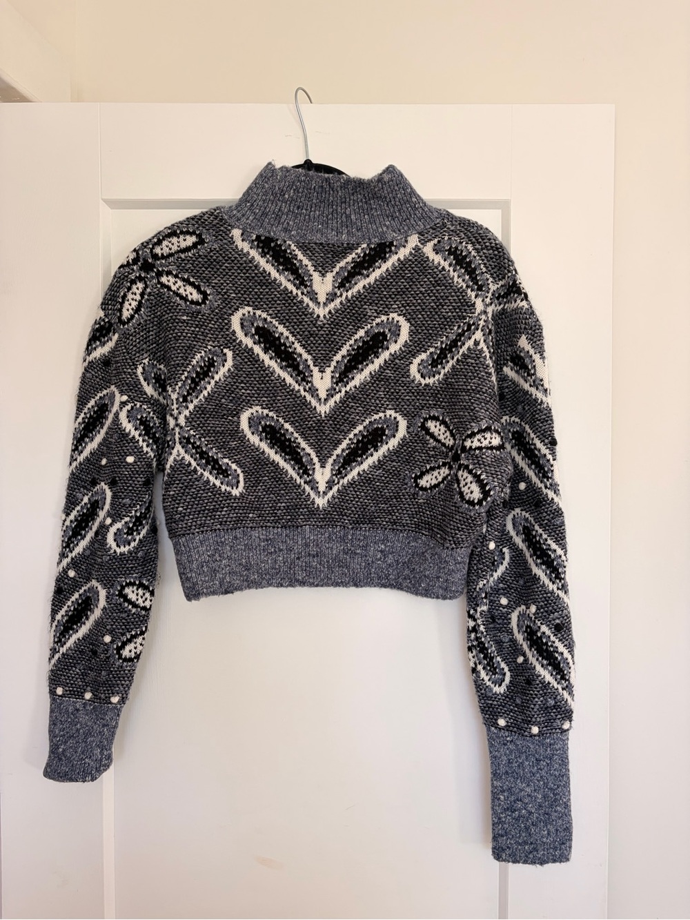 Zara Grey & White Cropped Heart-Pattern Turtleneck Sweater